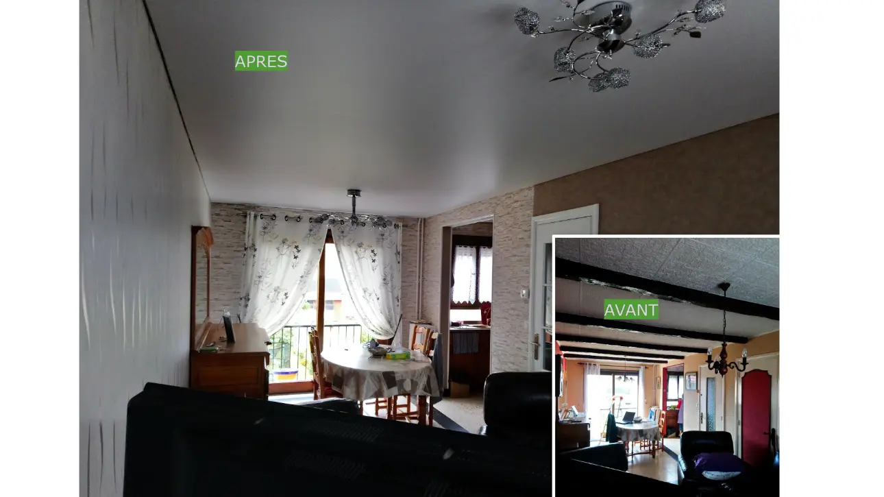 Plafond vieillissant d'un salon / salle à manger avant et après rénovation du plafond