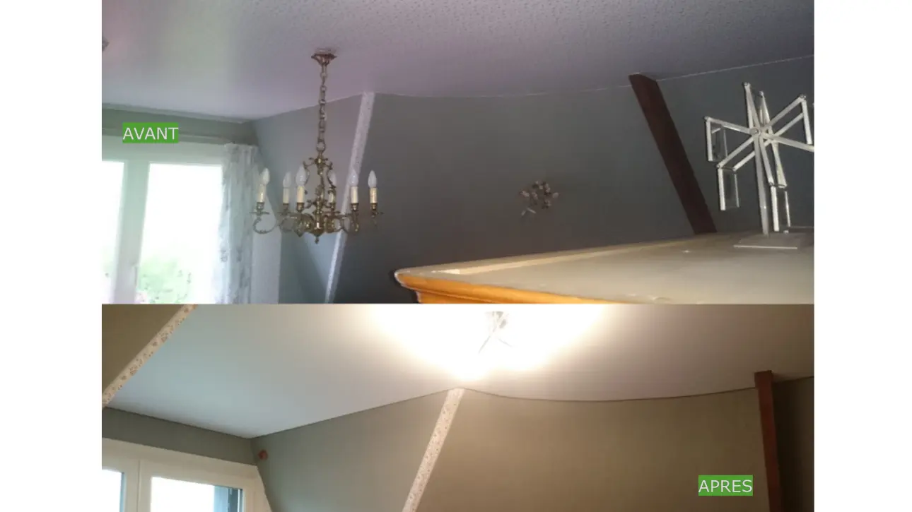 Plafond d'une chambre avec murs cintrés avant et après rénovation du plafond